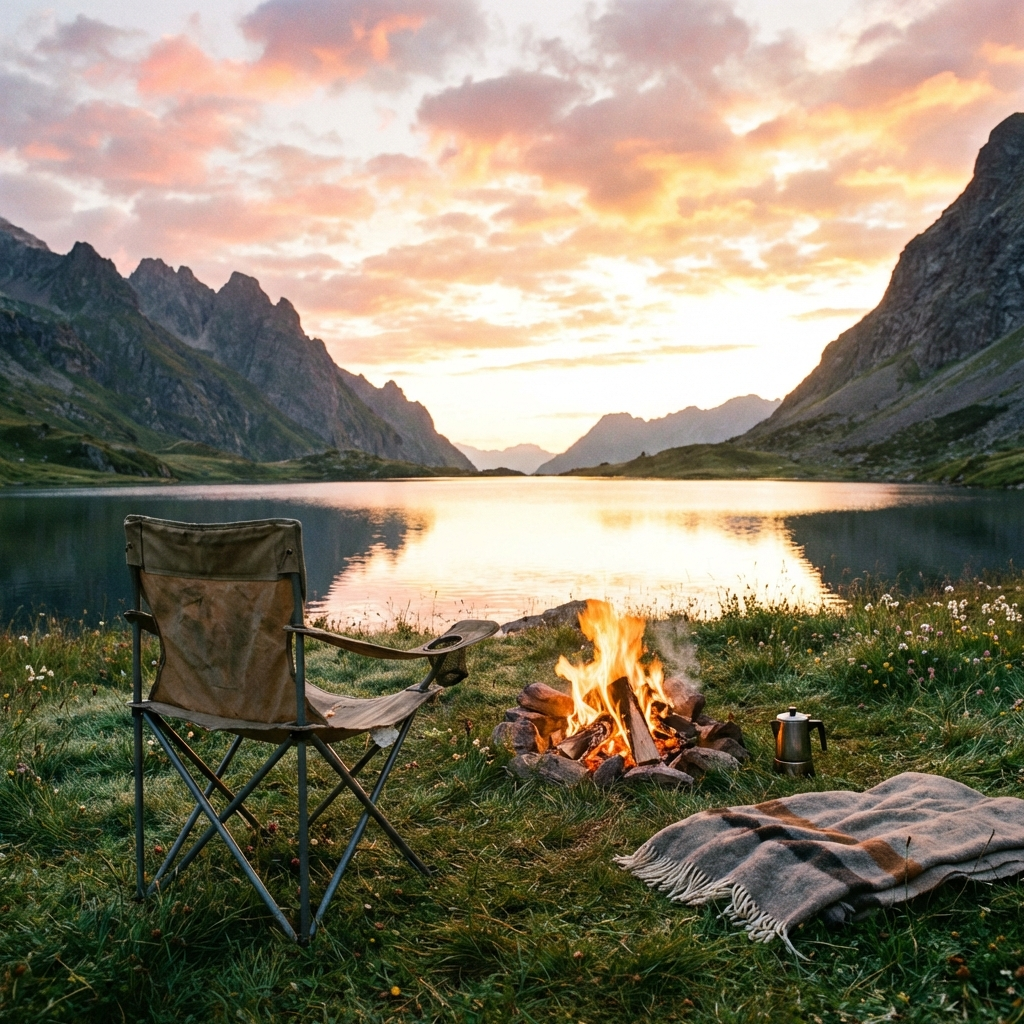 A camp chair beside a fire at an alpine lake at sunset